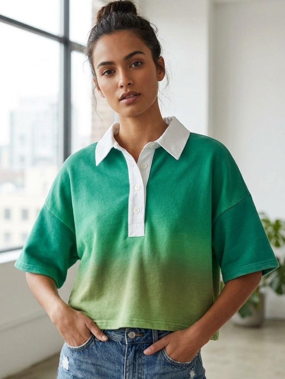 The Kit Green Ombre Cropped Polo Top with White Collar